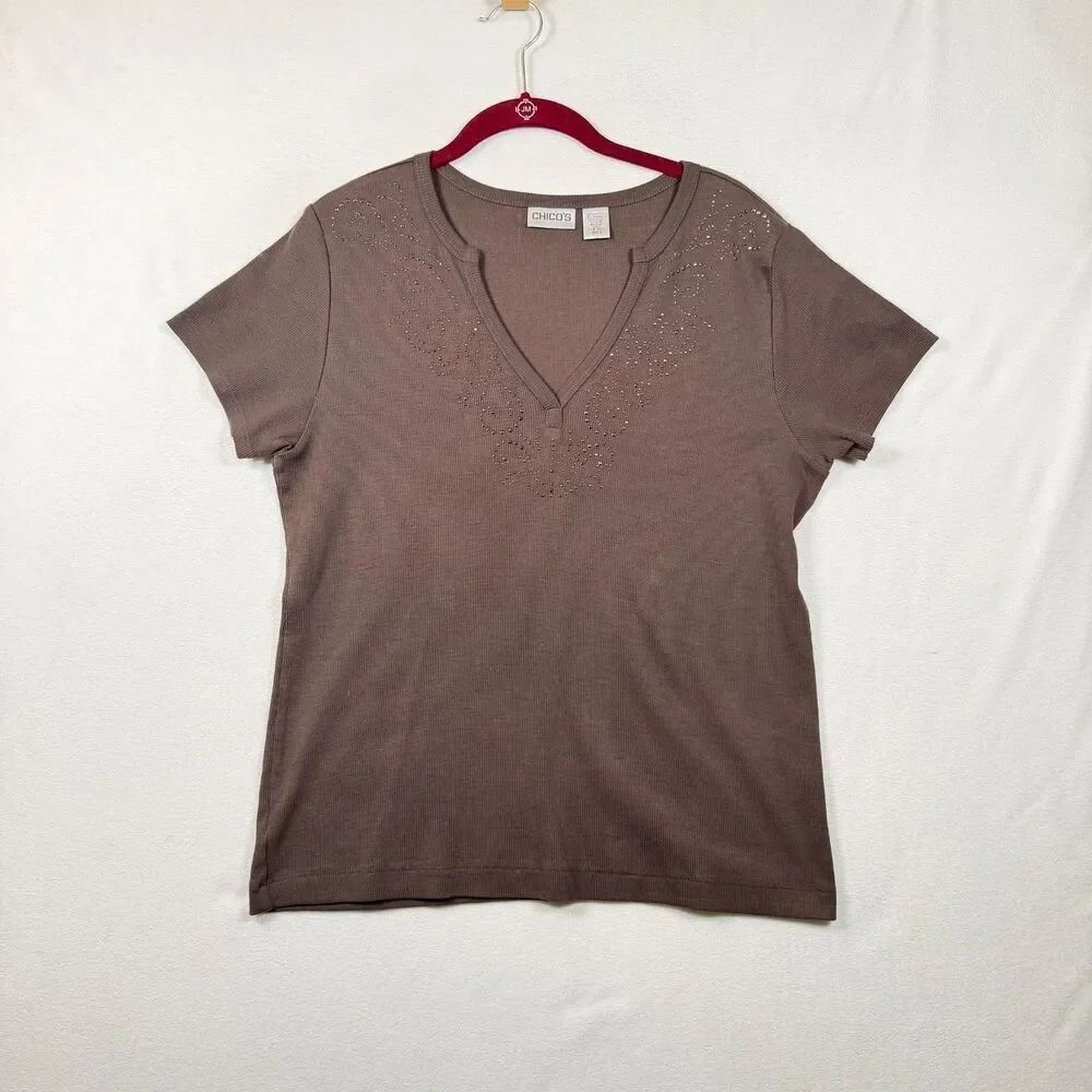 Chicos Size 3 Brown Rib Knit Tee Rhinestone V Neck Top Short Sleeve Cotton Blend